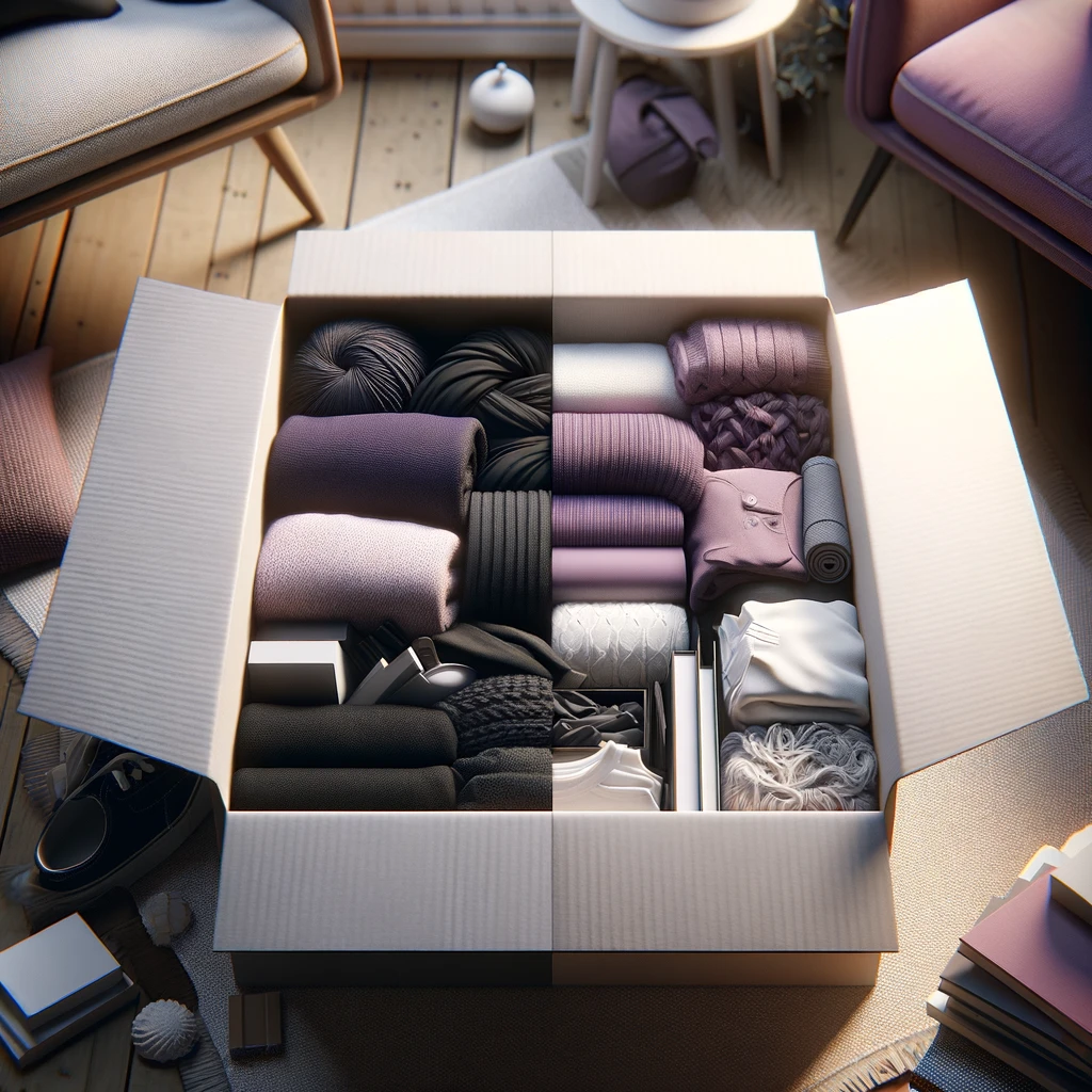 Illustration of a moving box filled with carefully folded clothes, representing packing services pricing methods in London